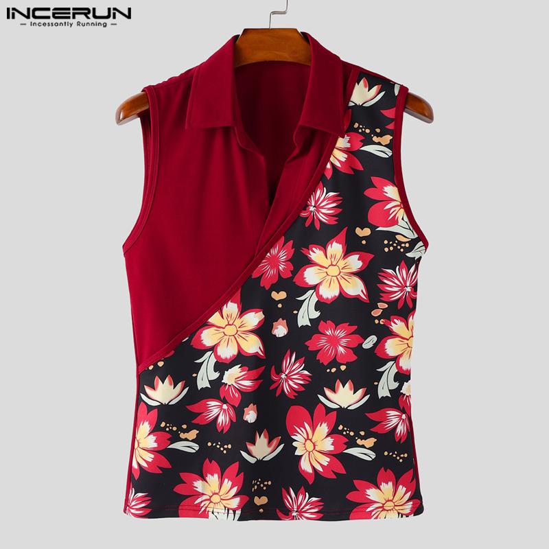 INCERUN Herren Revers Ärmellos Patchwork Blumendruck Lässig Dünne Tanktops