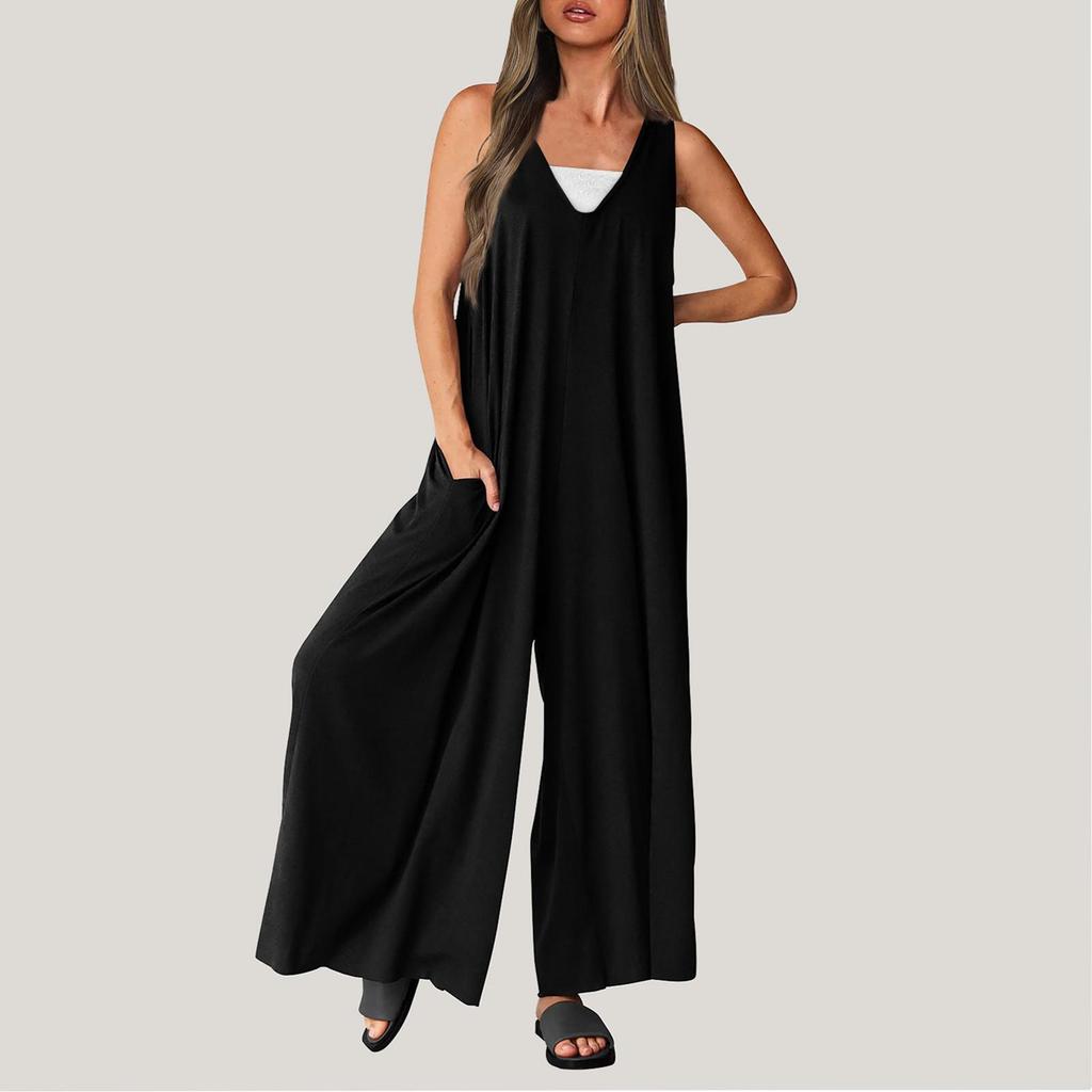 Damen-Overall, lässig, Sommer, lockerer Overall, ärmellos, Tank-Top, V-Ausschnitt, weites Bein, Overall, Damen-Arbeitskleidung, Overall