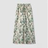 2025 Summer New Green Floral Versatile Wide-leg Pants Design High-end Seaside Vacation Cotton and Linen Casual Pants
