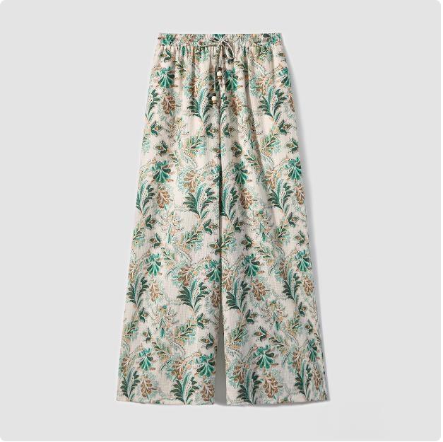 2025 Summer New Green Floral Versatile Wide-leg Pants Design High-end Seaside Vacation Cotton and Linen Casual Pants