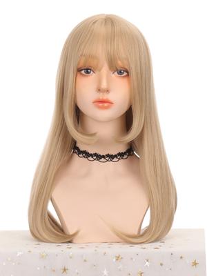 Synthetic Wig Lady Long Gray Highlighting Straight Wig With Bangs For Women Heat Resistant Rose Net