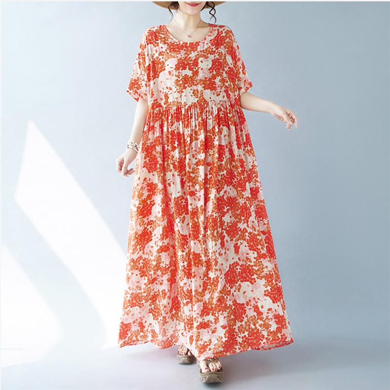 Short Sleeve Plus Size Cotton Vintage Floral New In Dresses for Women Casual Loose Long Summer Dress