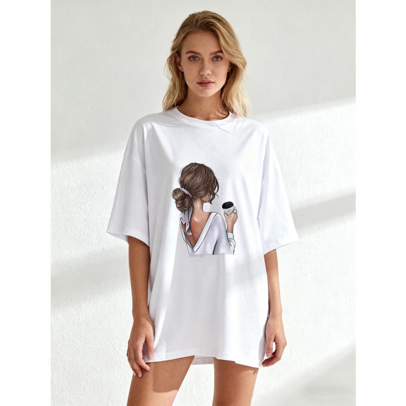 Black Oversized T Shirt With Woman Holding Coffee Cup Print Casual Everyday Wear
