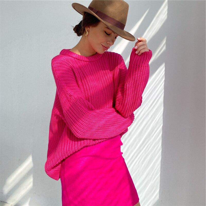 Новинка 2022 года зимние свободные однотонные женские пуловеры в Корейском стиле в стиле Харадзюку теплые мягкие мешковатые базовые трикотажные джемперы топы для женщин S ярко-розовый 1980₽