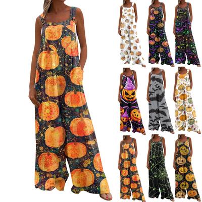 Wide Leg Overalls For Women Casual Loose Sleeveless Jumpsuits Halloween Print Button Long Pant Romper Jumpsuit With Pockets
