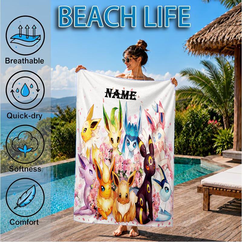 Custom Name Beach Towel Eevee Evolution Microfiber Beach Towel Super Soft & Absorbent for Bath, Beach, Travel  Bath Time Accessory, Fan Gifts