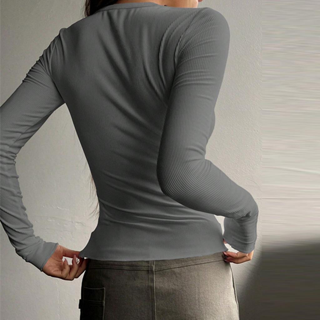Women's Fashionable Long Sleeve Shirts, Casual Solid Henleys, Button-Down Shirts, V-Neck Shirts, Basic Shirts