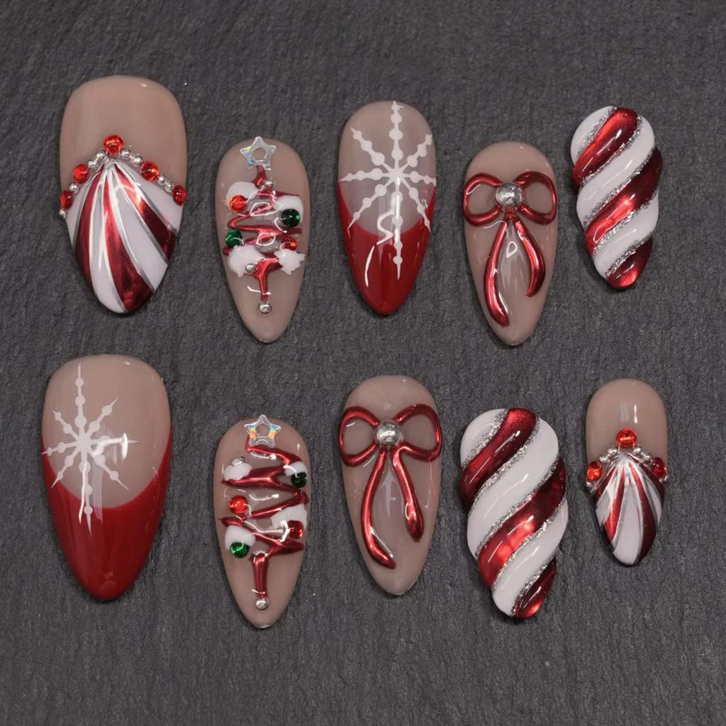 30 pieces of double gilt almond wearable nail high-end check bow diamond Christmas tree nail art