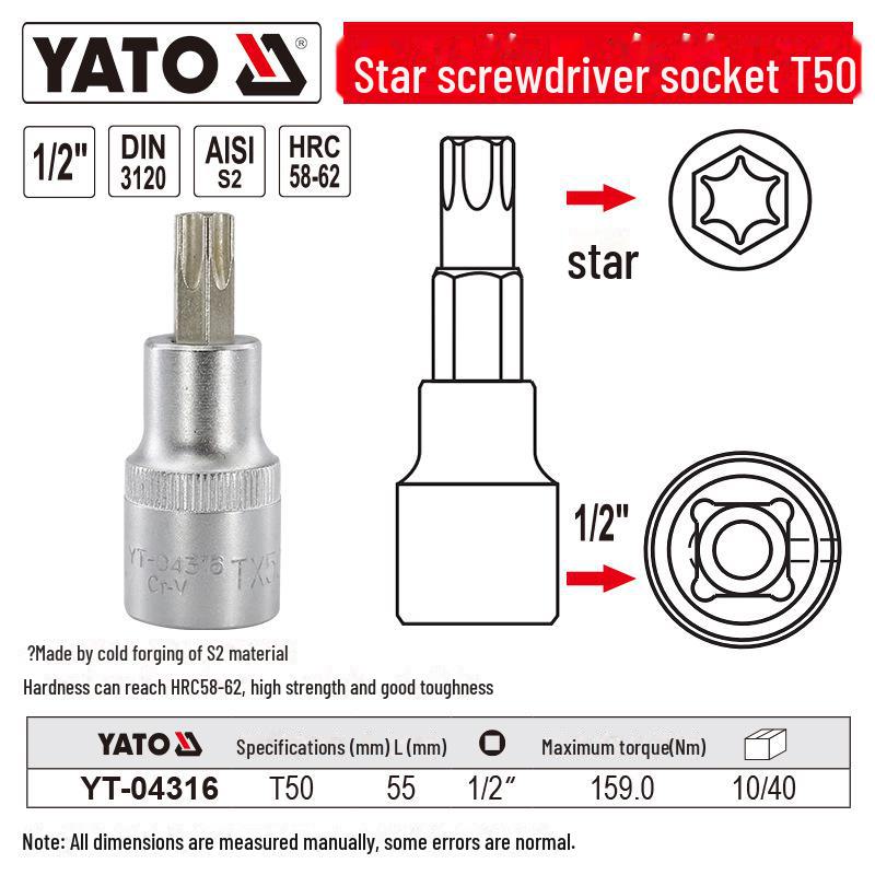 YATO 1/2" Star Screwdriver Socket Set, Chrome Vanadium Steel, S2 Head