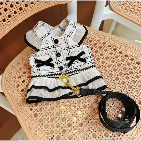 Elegant Tweed Style Dog Dress Harness Set Summer Pet Clothes with Leash for Small Dogs Cats Puppy 1-3 Set
