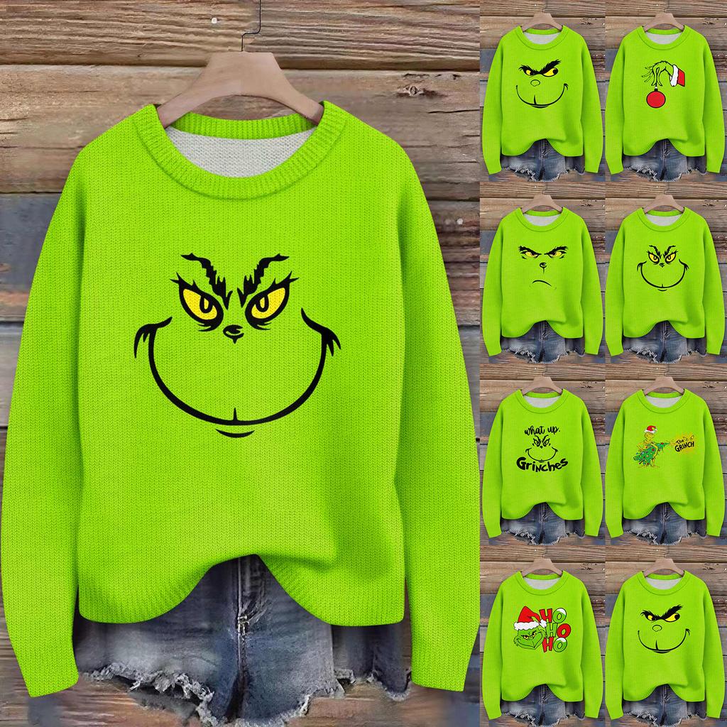 Long Sleeve Pullover Sweaters For Women O Neck Casual Cute Printing Knit Oversized Sweater