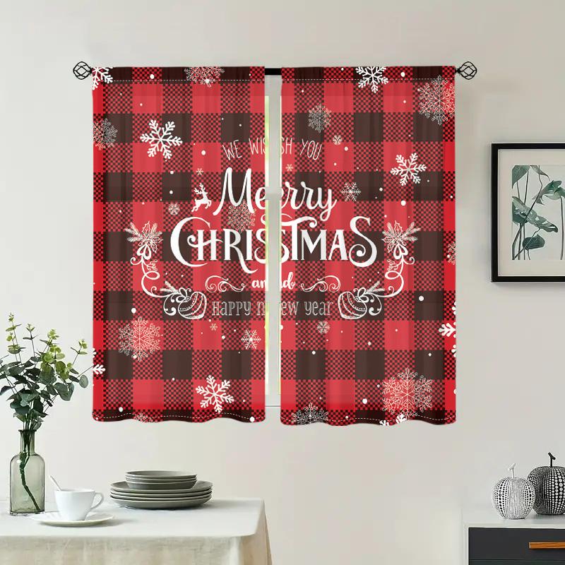 2 Pieces, Christmas Buffalo Plaid Snowflake Curtains -30% Blackout - Suitable for Living Room, Bedroom, Kitchen, Home Decoration