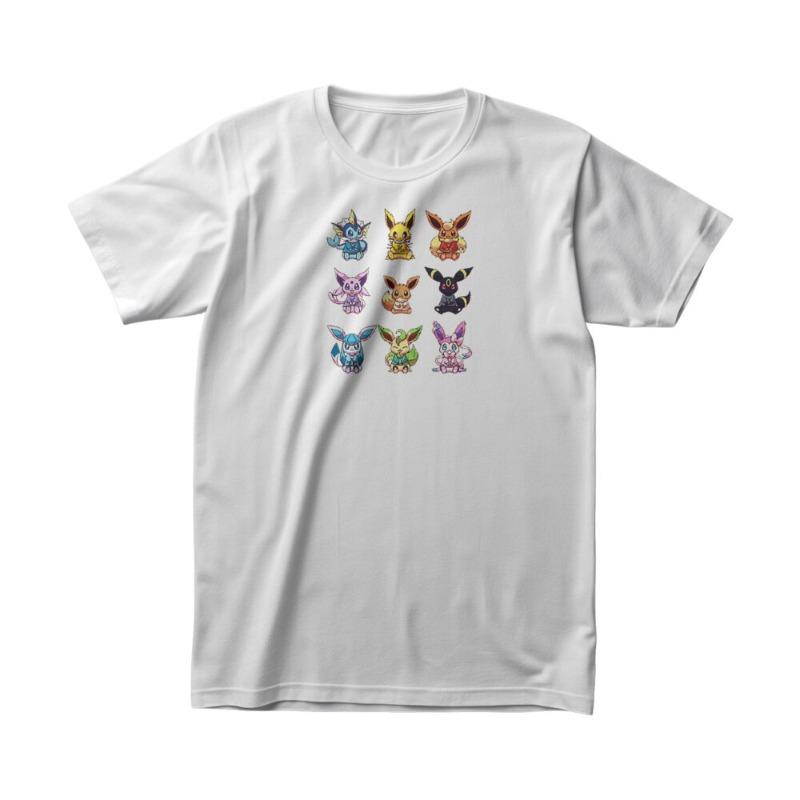 Miniso Pokemon Eevee Summer Tshirt 2025 White Cotton Anime Tee 8 Evolutions Colorful Collection Brown Fox Japanese Text Kawaii 4XL