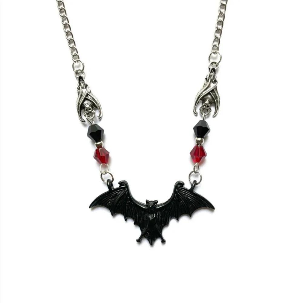 Gothic Personality Red Crystal Beads Vampire Black Bat Pendant Necklace for Women Men Hallowmas Party Collar Chain Jewelry Gifts