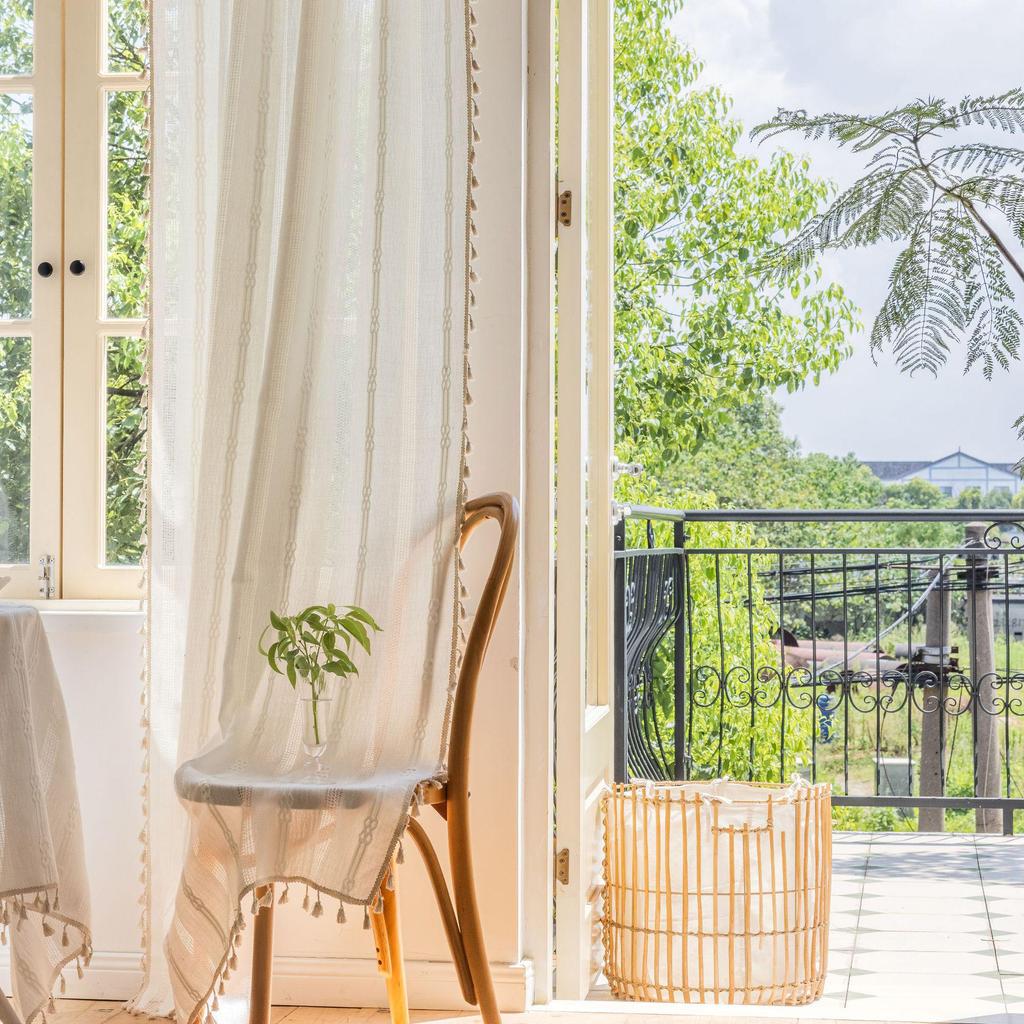 Imanqi Yun Semi-Blackout White Striped Embroidered Curtains for Kitchen & Living Room Windows