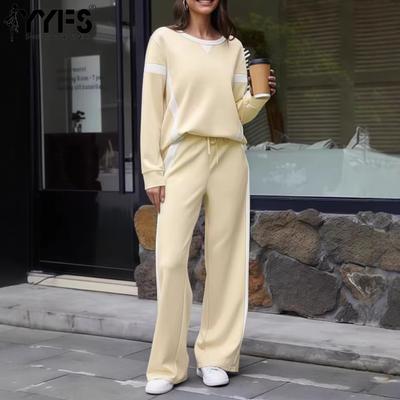 Kadın Moda Günlük Bahar Sonbahar Renk Blok Baskılı Uzun Kollu O Yaka Pantolon Takımları