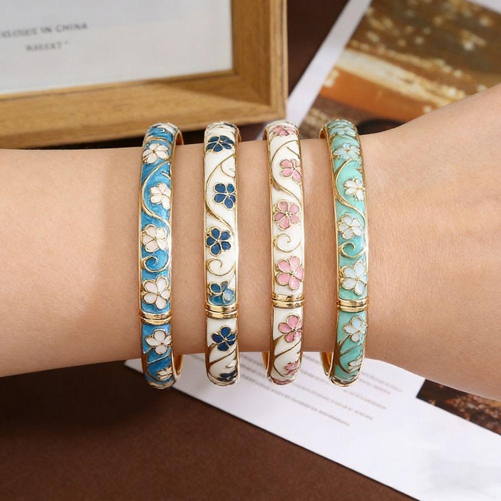 Vintage Colorful Enamel Floral Bangle Chinese Style Handmade Dainty Jewelry Elegant Gift Flower Bangle Women
