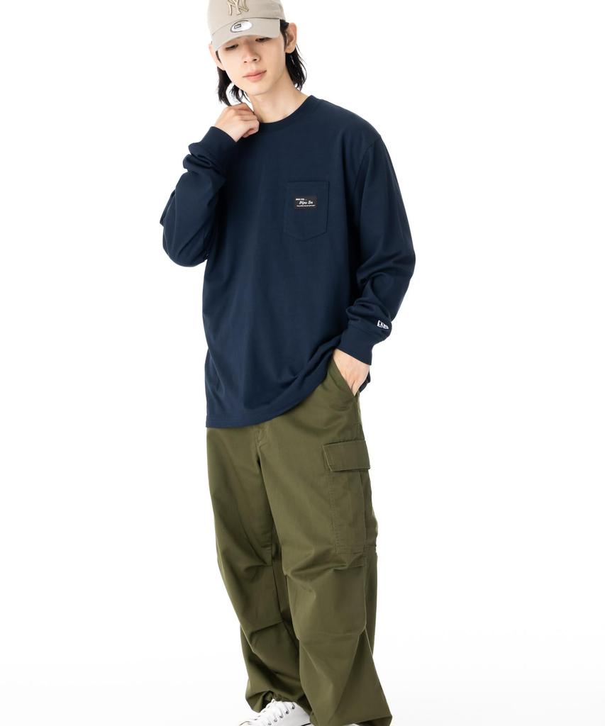 NEW ERA Long Sleeve Cotton Pocket Tee Medium Navy L Black Patch T-Shirt