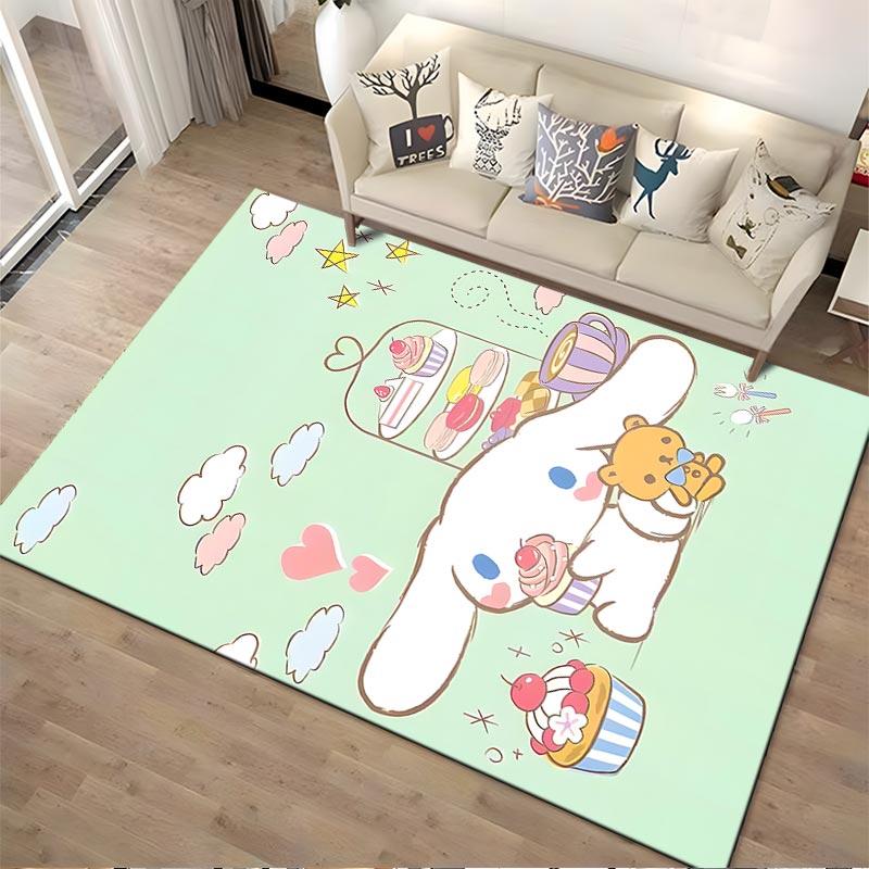 Cute Cartoon Bunny and Bear with Cupcakes and Coffee on Green Pastel Background Suitable for use as an anti-slip1 for1room and bedroom sofas
