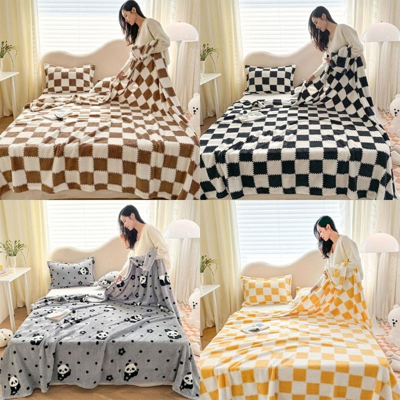 Thick Corals Fleece Grid Blanket Warm Throw for Home Travel Sturdy Machine Washable Polyester