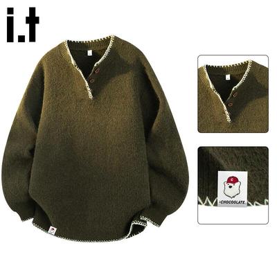 CHOCOOLATEit Unisex Japanese Style Loose Fit Henley Wool Blend Knit Sweater