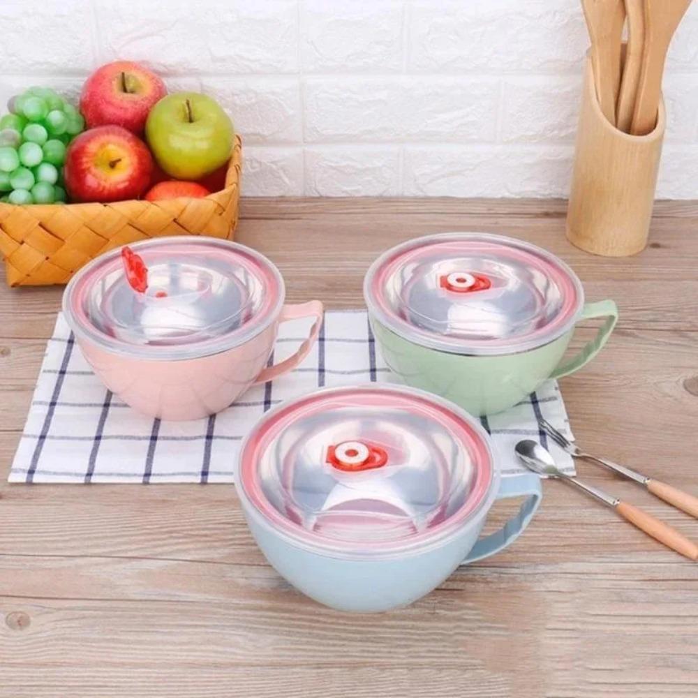 Stainless Steel Bowl with Handle Anti Scalding Kitchenware Mixing Bowl for Cooking Soup Instant Noodles Solid Color Durable Bowl