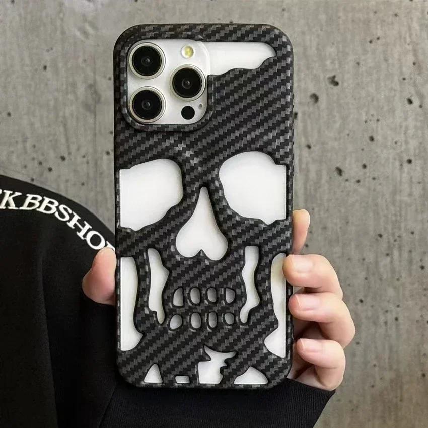 3D Matte Metallic Color Hollow Out Skull Phone Case for iPhone 16 15 13 12 11 14 ProMax 16 15 Plus Fashion Shockproof Soft Cover