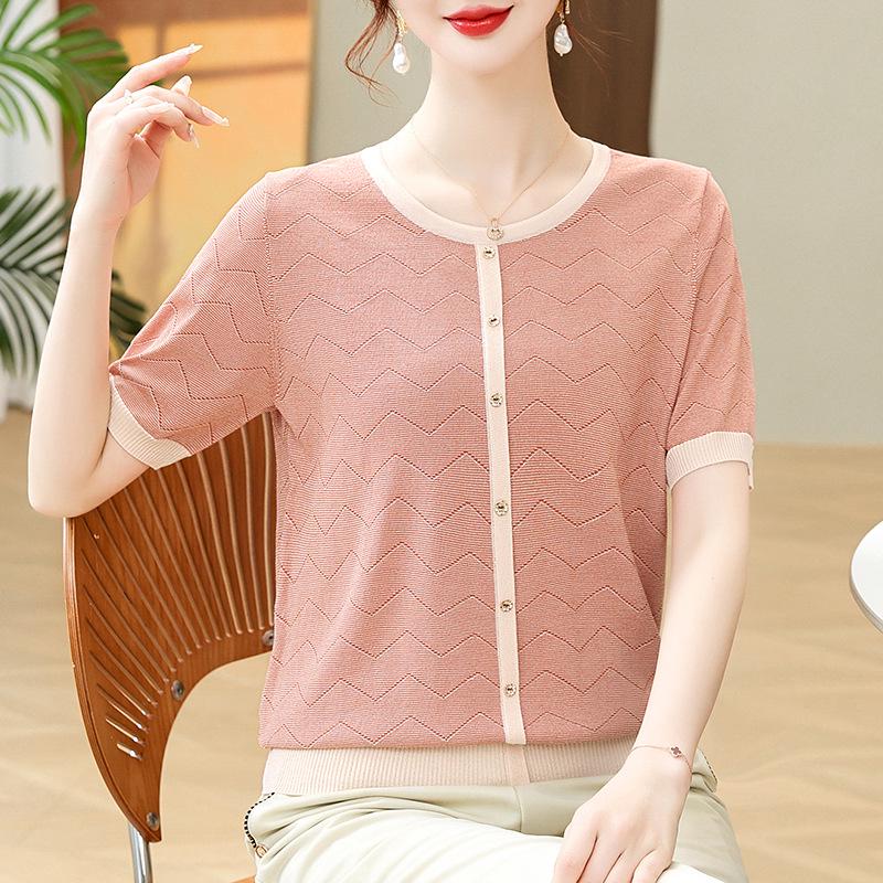 

2026 Summer Ice Silk Knit T-shirts for Moms & Elderly Women – Short-Sleeved, Stylish Tops XL (suggested 100-110 jin) оранжевый/розовый