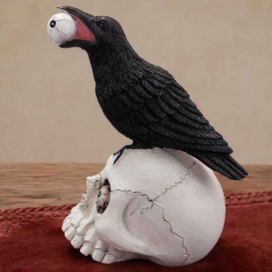 Yousheng Raven on Skull Halloween Home Decor, Gothic Crow on Skull Statue, Bird Perching on Skeleton Figurine, Macabre Ossuary