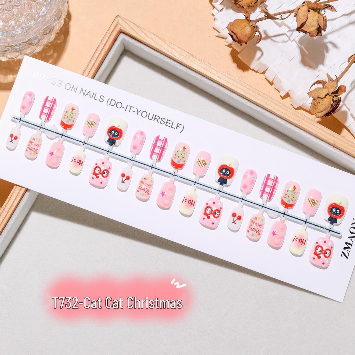

T732# Pink Cat Christmas Tree & Cherry 3D Wearable Nail Stickers Complete XS/S/M