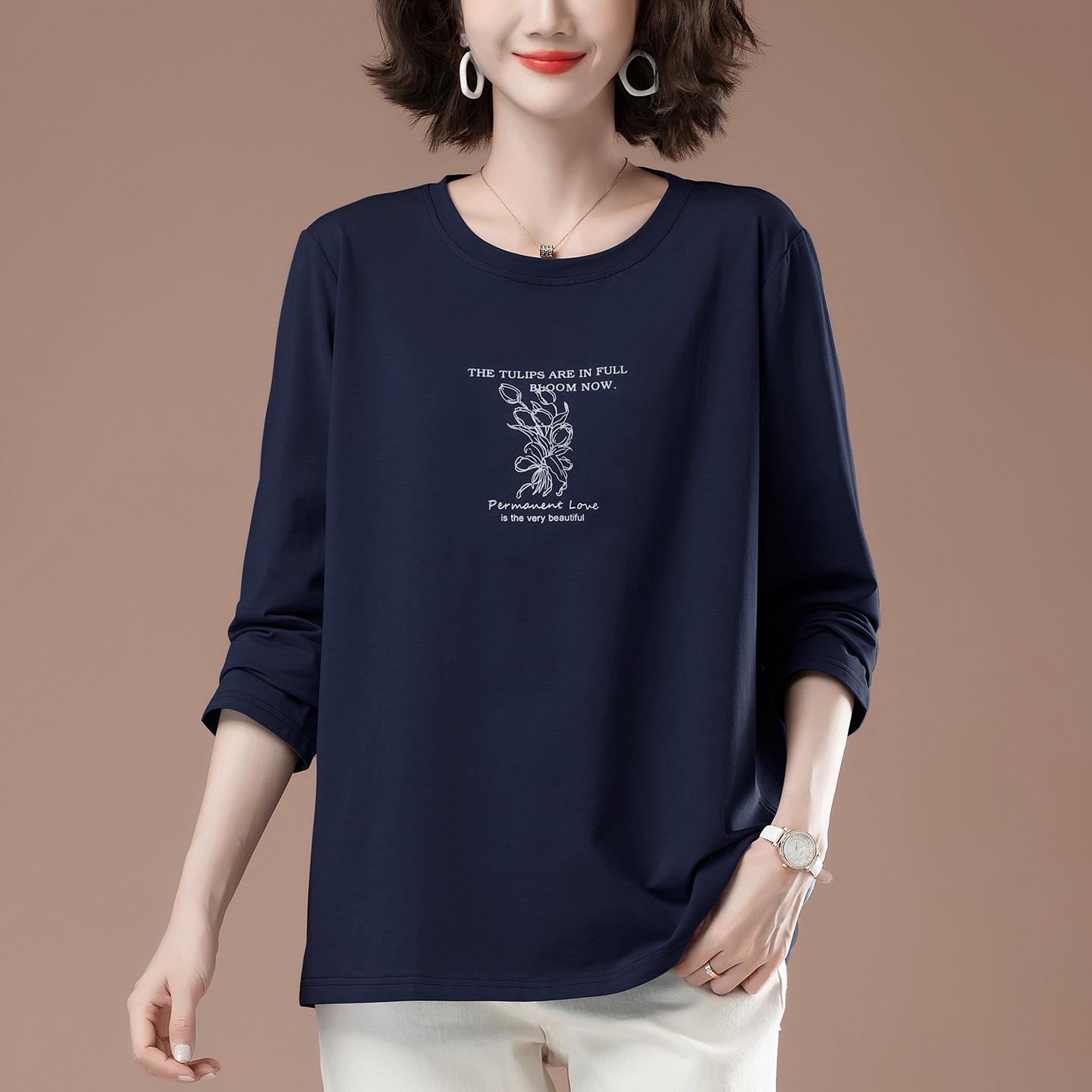 

Хлопковая футболка с длинным рукавом большого размера для женщин среднего возраста - Весна/Осень 3XL темно-синий