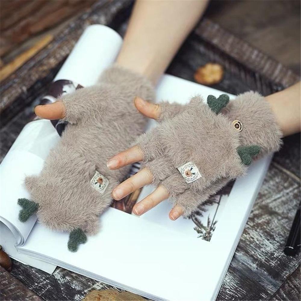 Half-Finger Flip Winter Gloves Soft Antlers Knit Mittens Cute Student Writing Gloves