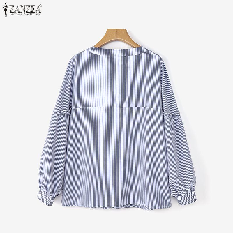 ZANZEA Women Casual Round Neck Loose Long Sleeve Stripe Blouse