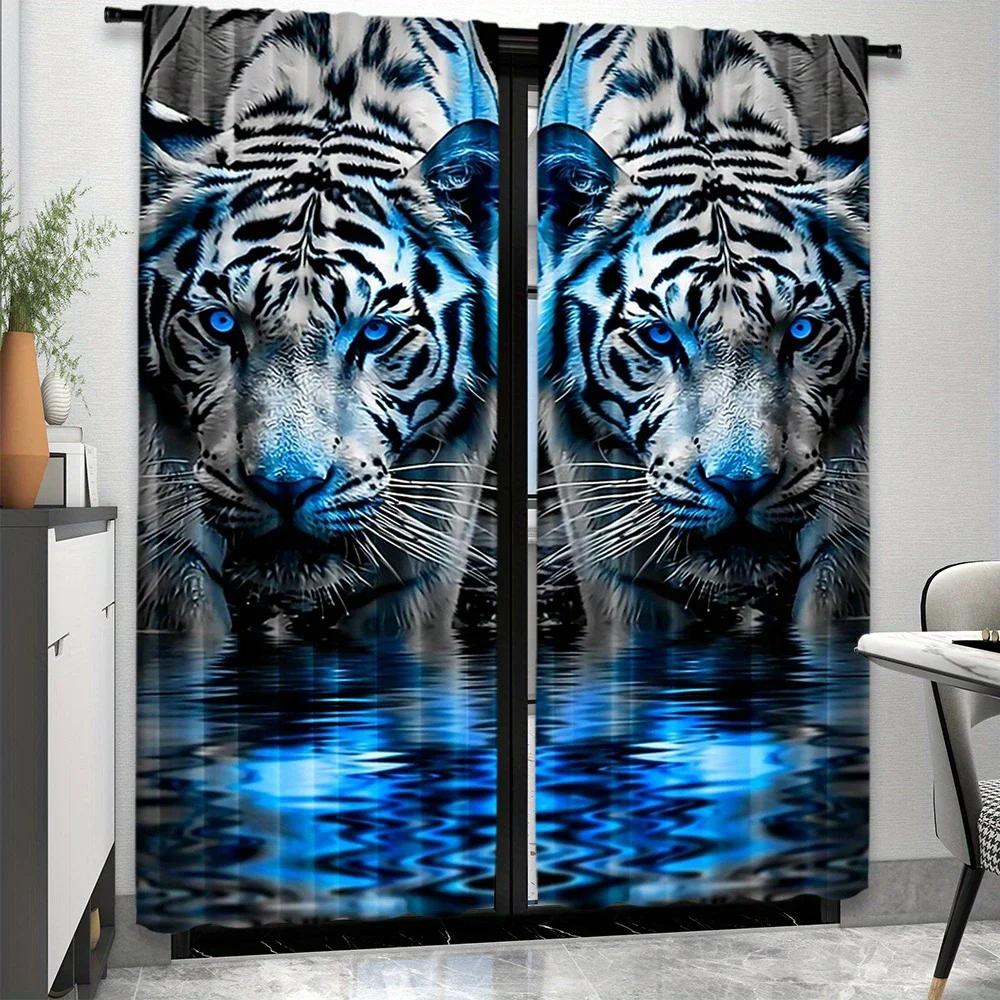 Tiger Printed Curtains Pole Opening Window Decorations Home Decoration Room Curtain Made Of Polyester