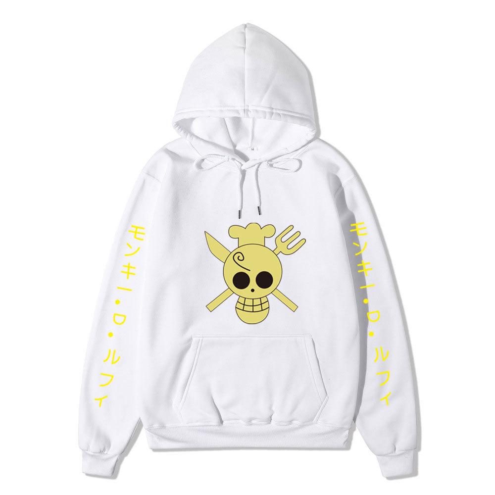 One Piece Sanji Hoodie, Chef Pirate Skull Logo Japanese Letter Sleeve Print Pullover Sweatshirt Unisex Streetwear