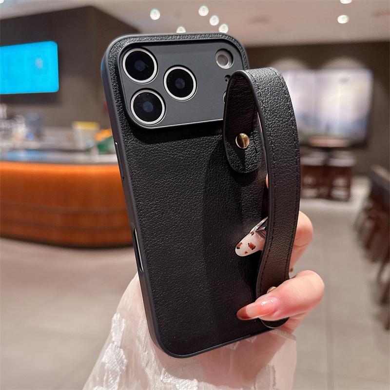 Leather Texture Wristband Holder Phone Case for iPhone 17 Air 16E 15 14 Plus 13 12 11 Pro Max Plain Color Matte Shockproof Cover
