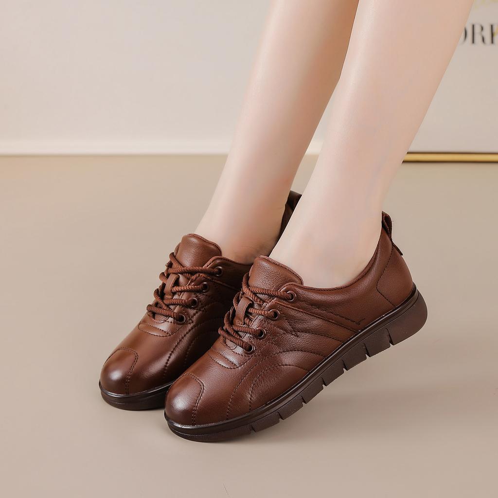 Fashion Original Natural Leather Shoes for Women Soft Soled Round Toe Mom Flats Woman Lace Up Anti Slip Loafers Ladies Moccasins
