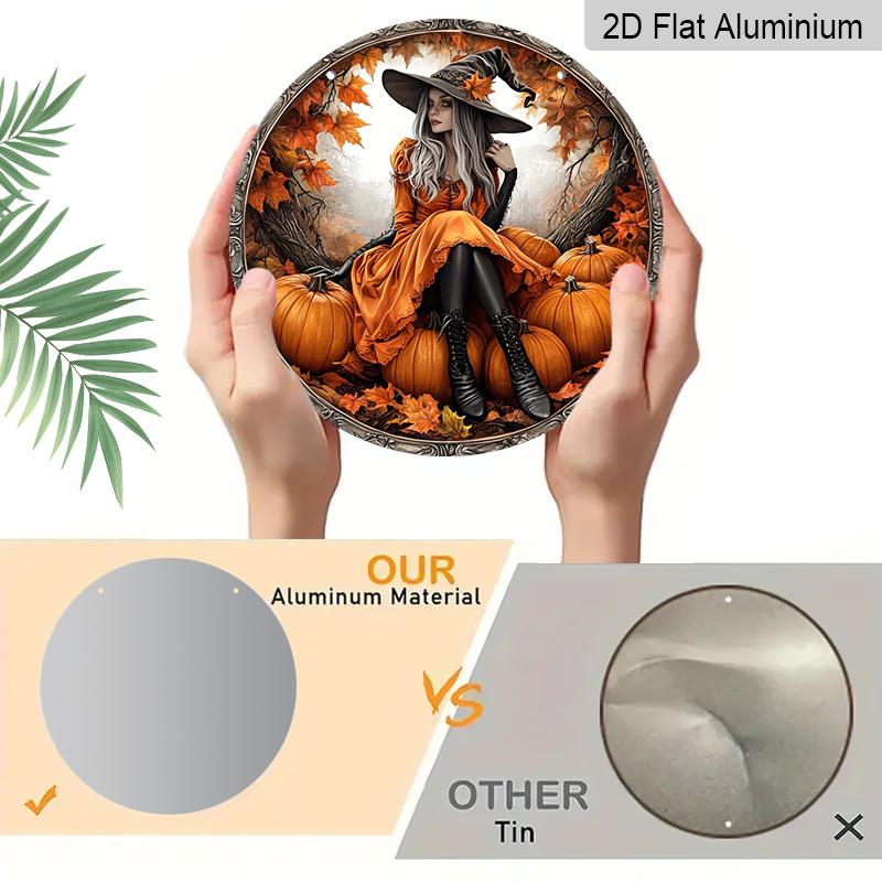 2D Flat, 1pc Pumpkin Witch Themed Round Metal Decorative Sign, Durable Aluminum Indoor Outdoor Decor for Bar Kitchen Cafe Home Office Decoration