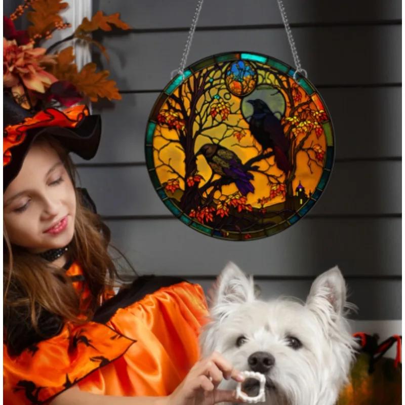 Black Cat Crow Acrylic Round Plate Home Halloween Window Wall Decor Creative Craft Pendants Creation Pendant Retro Decoration