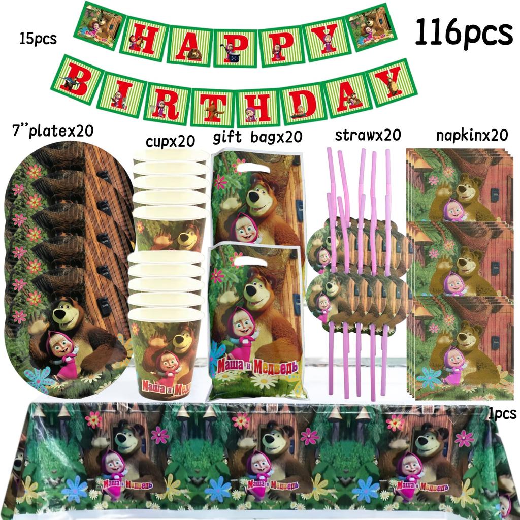 Dívka a medvěd Narozeninová sada Party dekorace Narozeninové talíře Ubrus Ubrousky Dárková taška Oslava pro miminko Party drobnosti Potřeby