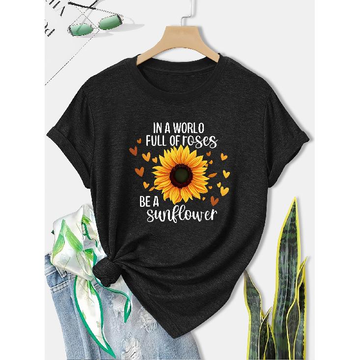 Women's European and American Summer Short-sleeve Shirt with Contrasting Colors and a Simple, Unique Sunflower Print Surrounded by a Heart