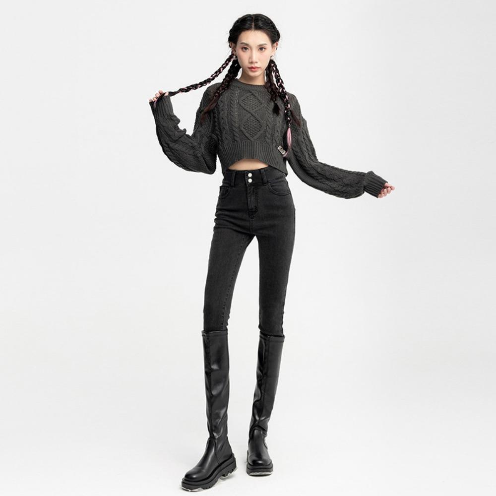 Double-buckle Elastic High-waisted Small-footed Jeans for Women's 2025 Autumn and Winter New Leggings, Pencil Jeans Look Thin