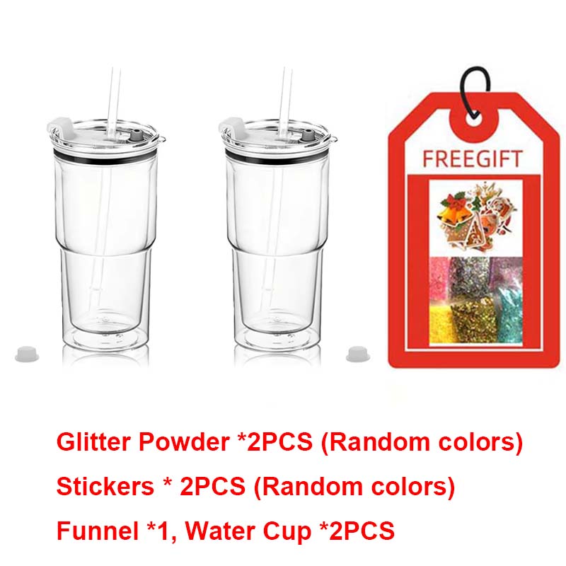 

2/4PCS 18oz Double Wall Plastic Snowglobe Tumbler With Pre Drilled Hole Bottle With Straw Lid Iced Coffee Cup Reusable Drinkware