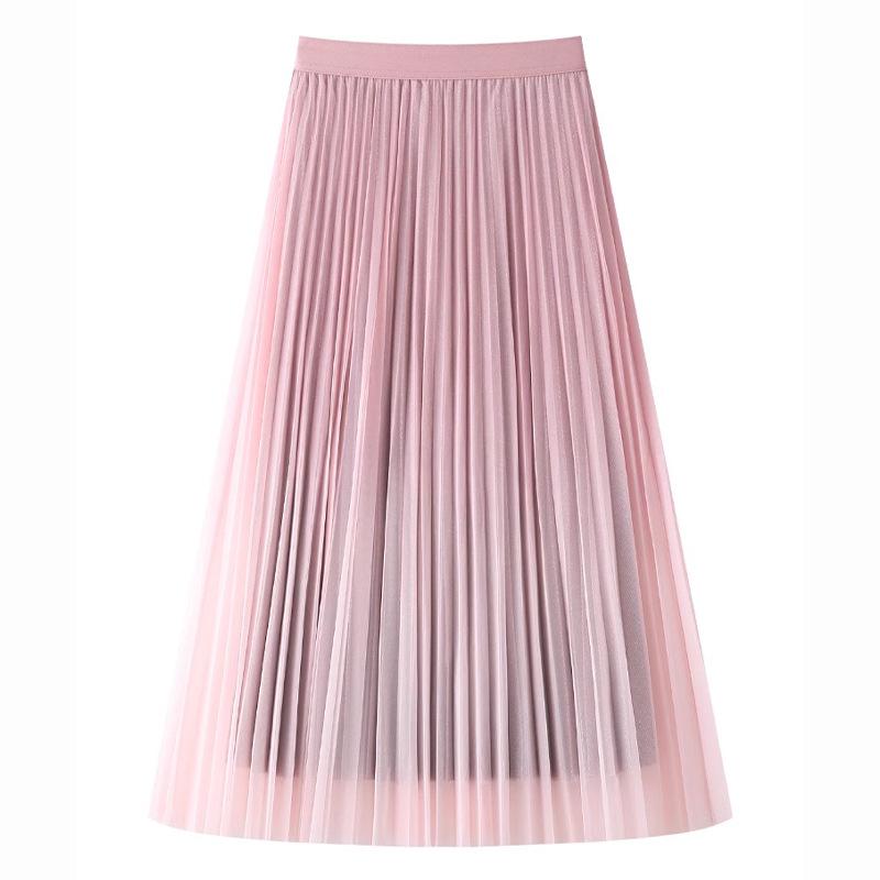 Women's Gradient Mesh Pleated Midi Skirt - 2025 Spring Collection, High Waist A-line with Slimming Drapes