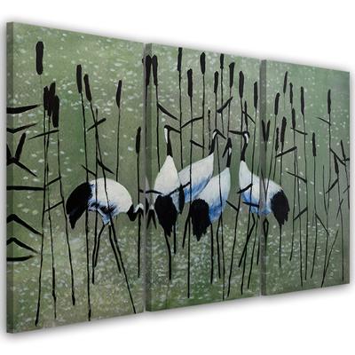Dreiteiliger Leinwanddruck „Kraniche, Vögel, Wasser, Natur“.