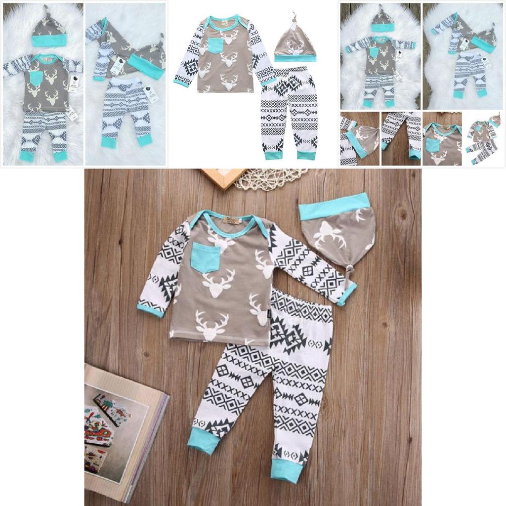 Adorabile Set di 3 Pezzi per Neonato e Bambino Maschio Cervo T-shirt Pantaloni Cappello