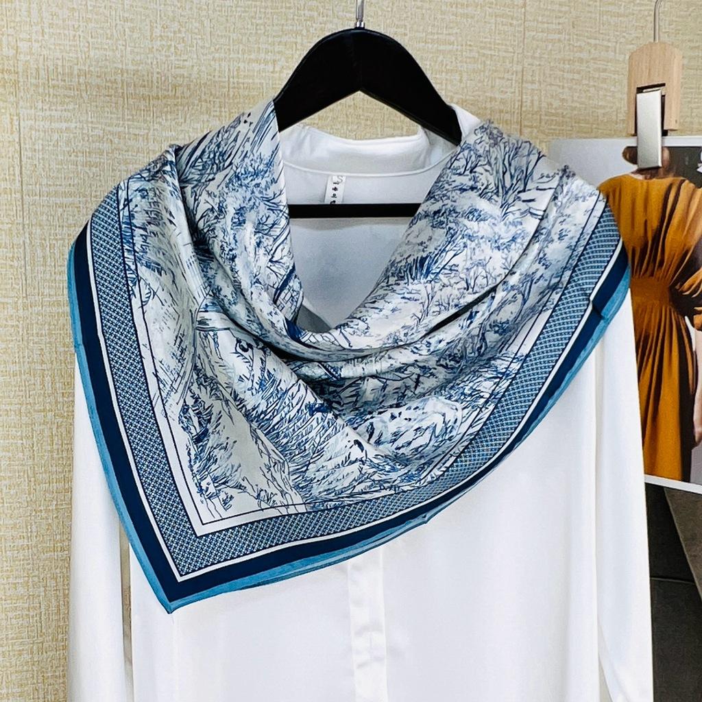 Shiyun Jiangnan Ink Painting Wind Garden 100% Mulberry Silk Retro Versatile Color Matching 90 Square Scarf Neck Protection Small Scarf,