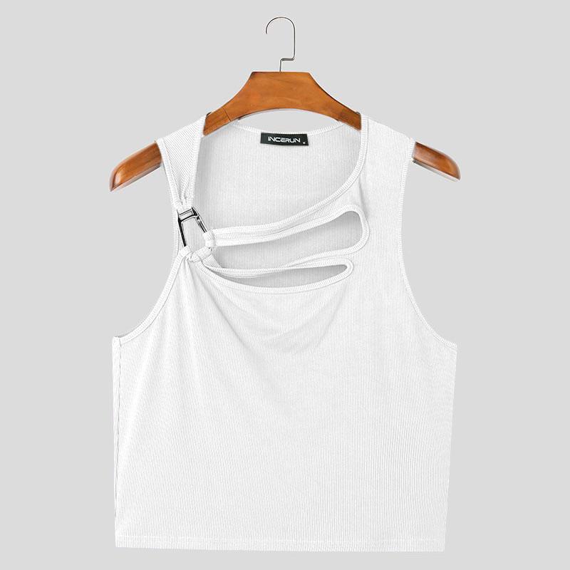 INCERUN Pánské letní bez rukávů s nepravidelnými výřezy, strečové žebrované krátké tílka