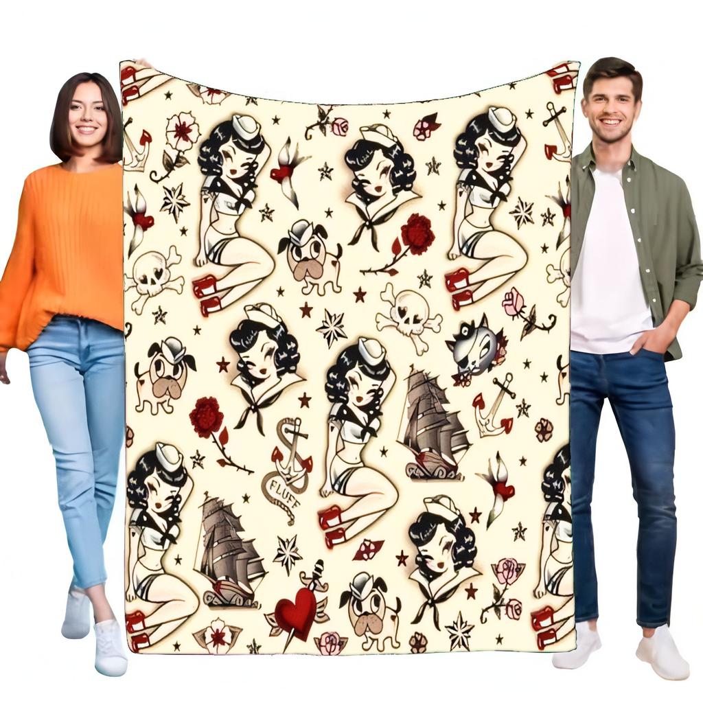 Vintage Pin-Up Style Blanket Cozy Soft Throw with Unique Tattoo Art Design Ideal for Home Décor or Gift for Family and Friends
