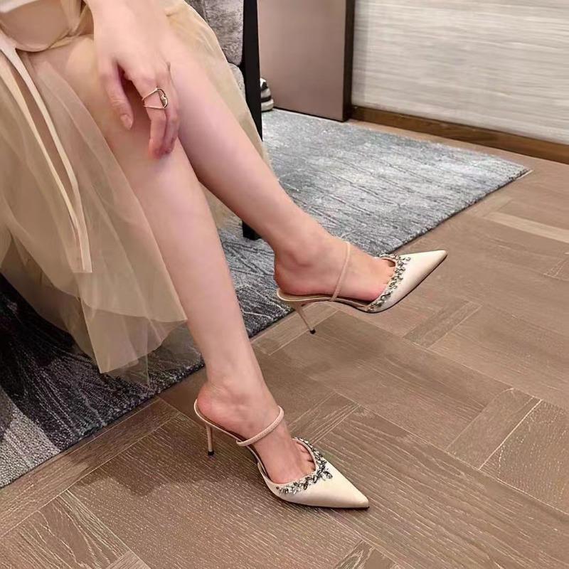 Fashion 2025 Summer Modern Women's Closed Toe Slippers Sexy Crystal Pointed Toe Thin Heels Elegant Fashion Dress & Party Sandal Zapatos